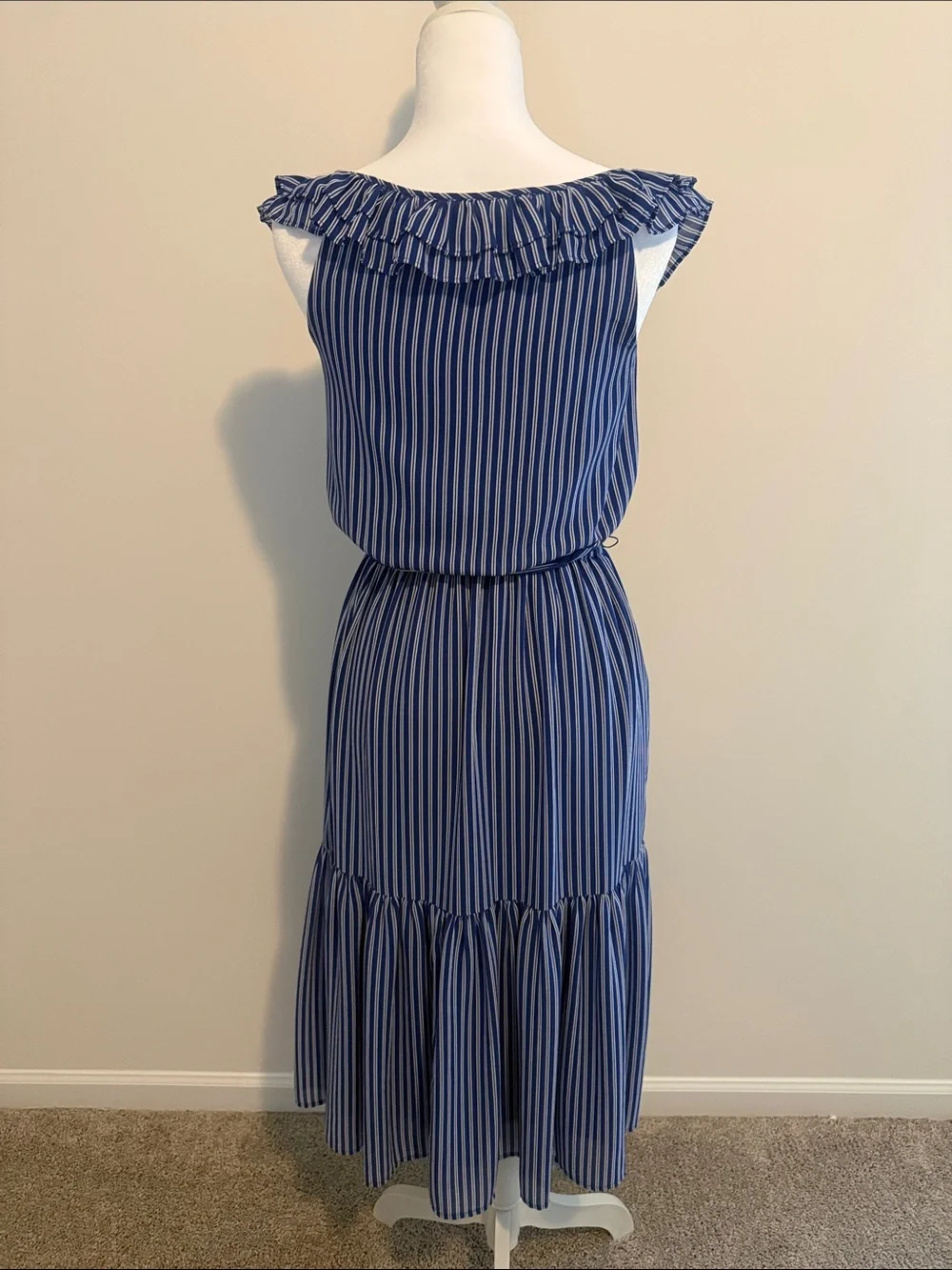 Michael Kors Blue and White Striped Midi Dress with Ruffle Neck